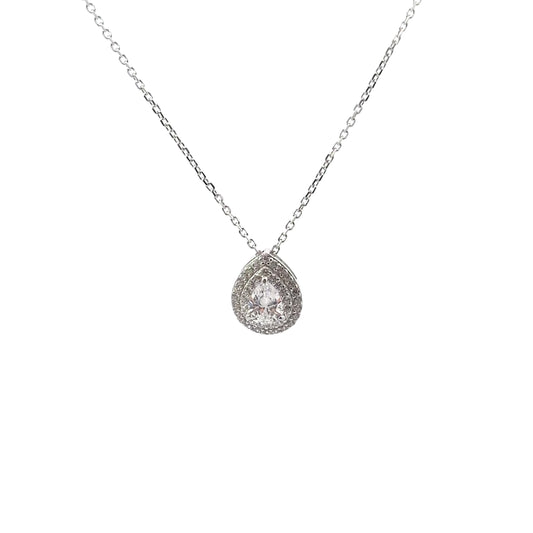 Sterling Silver Double Halo Pear Cut Pendant Necklace