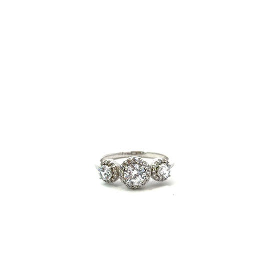 Sterling Silver Three Stone Halo Ring